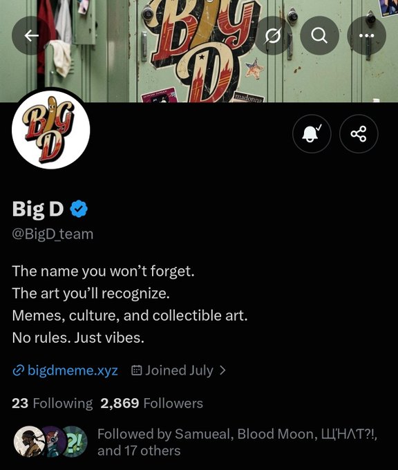 The image shows the Twitter/X profile page for "Big D" (@BigD_team), a verified account with 2,869 followers and 23 following, describing itself as offering "The name you won't forget. The art you'll recognize. Memes, culture, and collectible art. No rules. Just vibes," with a link to bigdmeme.xyz. This profile aligns with the accompanying post recommending @BigD_team as an early project to watch, highlighting its strong engagements and cool promotional videos despite collaborations not yet beginning.