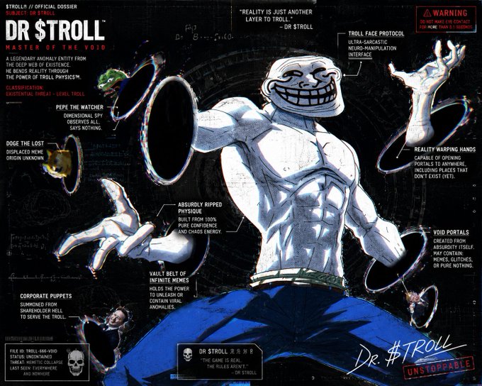 An official dossier-style infographic titled 'DR $TROLL // OFFICIAL DOSSIER' describing a 'Master of the Void' entity, detailing features like the Troll Face Protocol, void portals, reality warping hands, and corporate puppets, with the tagline 'Dr. $TROLL UNSTOPPABLE'.