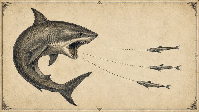 A vintage-style illustration of a large shark appearing to chase three smaller fish, connected by dotted lines on an aged paper background.