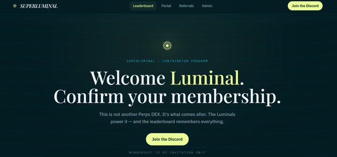 Screenshot of the 'SUPERLUMINAL' website with a 'Welcome Luminal. Confirm your membership' message and a 'Join the Discord' button.