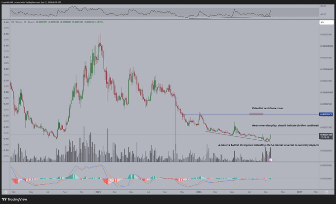 This image displays a weekly price chart of the cryptocurrency SUI/USDT (with the ticker "SUI" visible in the top left), featuring annotations that highlight a "Potential resistance zone," "Mean reversion play," and "A massive bullish divergence indicating that a market reversal is currently happen[ing]." The post's optimistic sentiment about bullish divergences playing out and more upside to come for SUI aligns directly with the chart's annotations pointing to a potential reversal and significant upside momentum building.