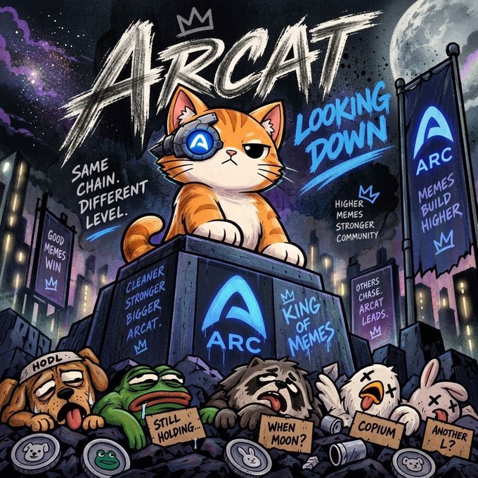 A cartoon image promoting the ARCAT meme coin, featuring an orange tabby cat with a futuristic eyepiece sitting atop a pedestal marked "ARC" and "KING OF MEMES," while "loser" meme coins like HODL, "Still Holding," "When Moon?", "Copium," and "Another L?" lie defeated below under the tagline "Same chain. Different level." The artwork ties directly to the post's message of abandoning a failed "rug pull" investment to back ARCAT as a more trustworthy and "cuter" alternative on the ARC chain.