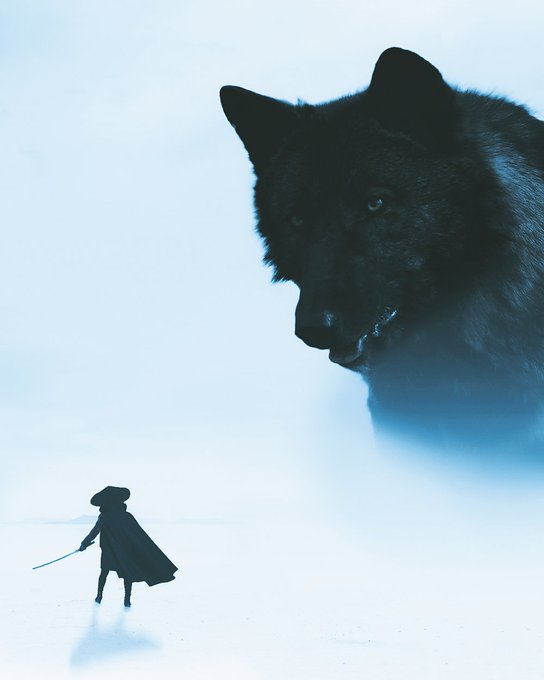 A dramatic cinematic scene showing a small cloaked figure with a sword facing an enormous black wolf looming over them in a snowy, fog-covered landscape.