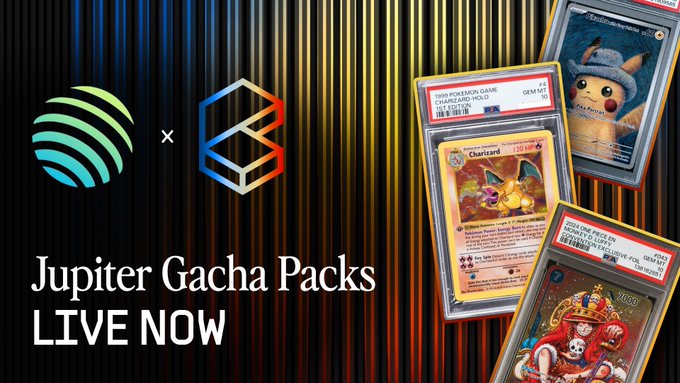 A promotional graphic for Jupiter Gacha Packs showing two logos and three graded Pokémon cards in PSA slabs, including a Charizard and a Pikachu, with the text 'Jupiter Gacha Packs LIVE NOW.'