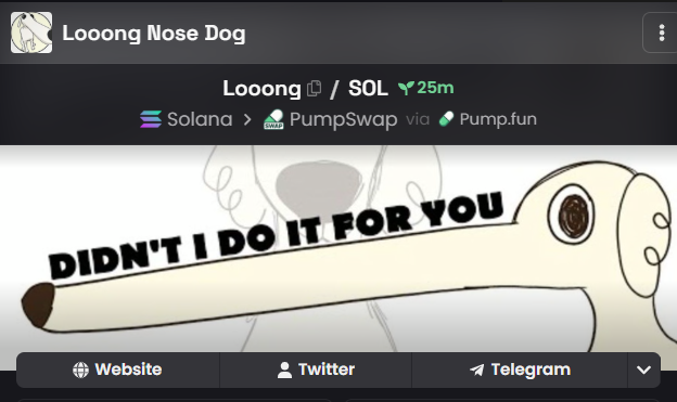 A crypto token page for "Looong Nose Dog" (token symbol shown as LOOONG/SOL) on the Solana blockchain via PumpSwap/Pump.fun, featuring an illustration of a dog with a long snout saying "DIDN'T I DO IT FOR YOU."