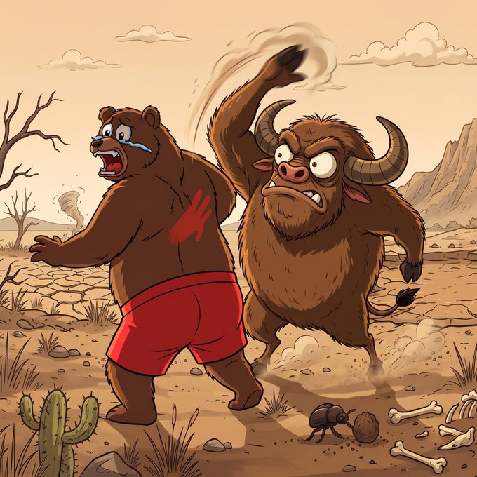 A cartoon bear wearing red shorts cries while a fierce, horned beast aggressively swats it away across a barren desert landscape littered with bones and a dung beetle. The scene humorously illustrates the "$MOOBZ" meme, depicting the mascot actively fighting off "jeets" (crypto slang for disloyal traders who abandon the project).