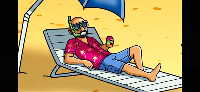 A cartoon illustration of a bald man with a beard wearing sunglasses, snorkel, and a red Hawaiian shirt, relaxing on a beach lounge chair under a blue umbrella while holding a drink.