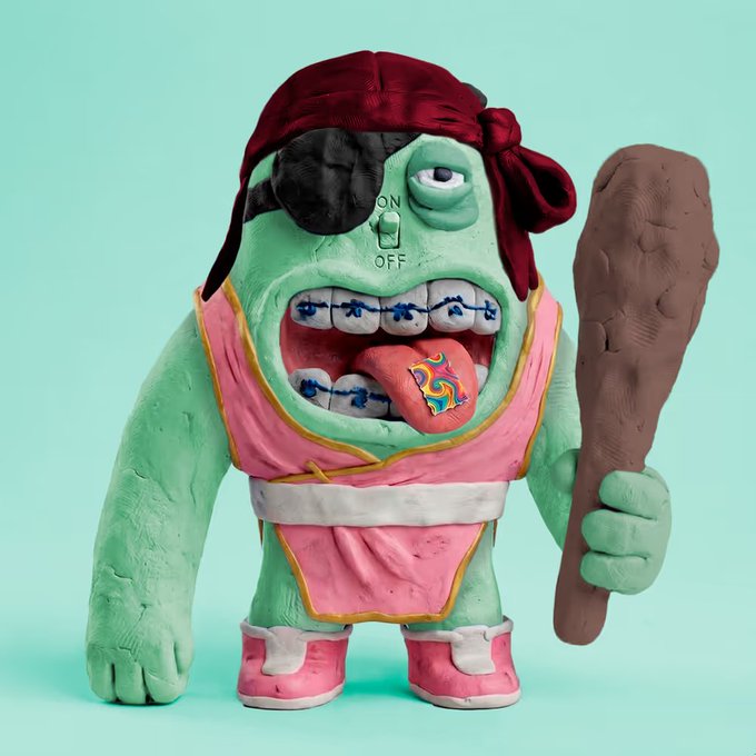A handmade clay figurine of a green-skinned pirate character with an eye patch, red bandana, pink outfit, and a club, set against a teal background.