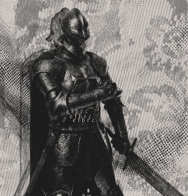 The image shows an armored knight in a dark, stylized illustration rendered with halftone and scratchy black-and-white textures. The watermark "ethrc" appears repeated across the figure's midsection, echoing the post's "- e t h r c" text and likely serving as the artist's signature or brand tag.