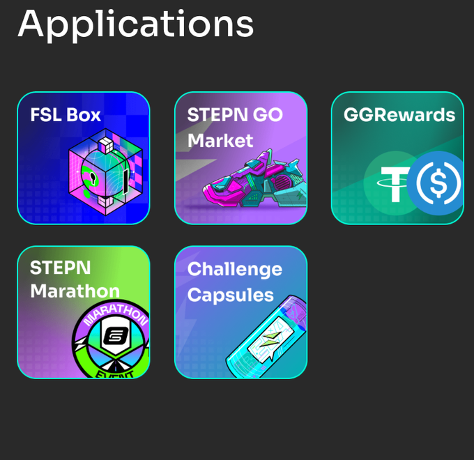 A mobile app menu screen titled "Applications" displaying five STEPN ecosystem tiles: FSL Box, STEPN GO Market, GGRewards, STEPN Marathon, and Challenge Capsules. The image relates to the post as it highlights the Challenge Capsules app, which the author criticizes for slow judgment times, low winning odds, and uneventful GMT-reducing gameplay.