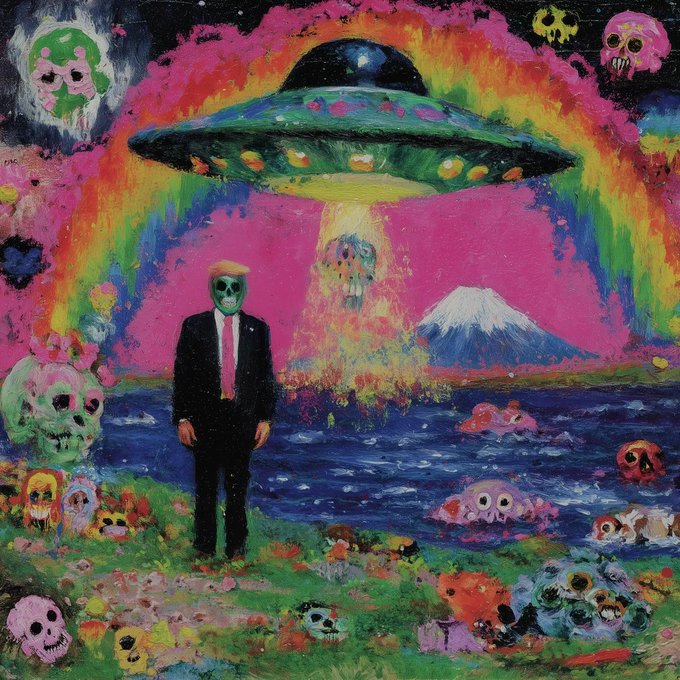 A colorful, surreal painting features a figure in a black suit with a skull-like face standing before a UFO beaming down light, with Mount Fuji and floating skulls in the background.
