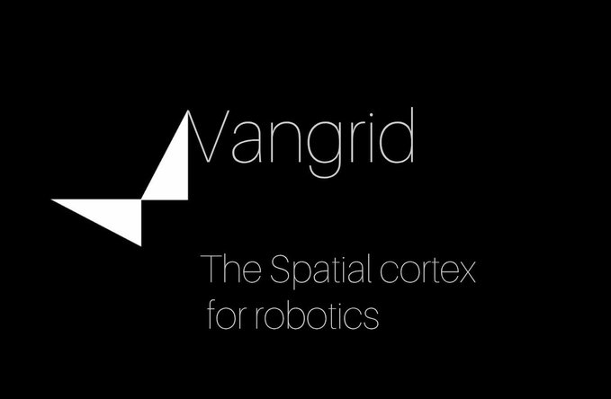 A minimalist logo on a black background reading 'Vangrid' with a geometric triangular icon, accompanied by the tagline 'The Spatial cortex for robotics.'