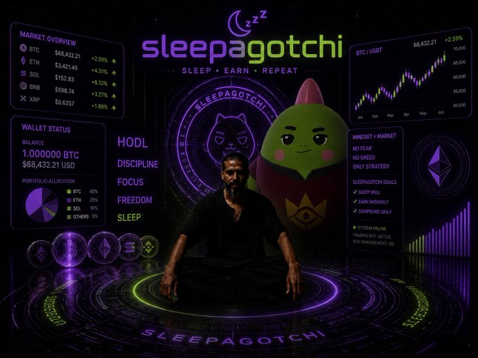 A man meditating in the center of a futuristic, neon-lit dashboard for a platform called "sleepagotchi," which displays crypto market data, a 1,000,000 BTC wallet status, and a character graphic with the slogan "SLEEP • EARN • REPEAT."