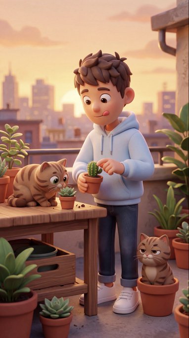 The image features a cartoon boy standing at an outdoor table with two cats, one of which has a cactus plant in its pot. The scene takes place during sunset, creating a warm and inviting atmosphere. The boy appears to be tending to his plants while enjoying the company of his feline friends.