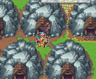 A pixel art top-down RPG game screenshot showing a small character holding a teddy bear navigating a map of rocky areas with cave entrances and a small bridge.
