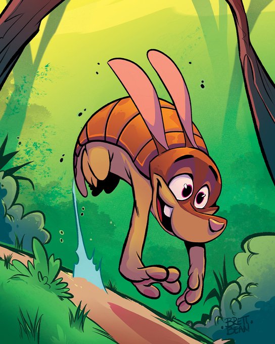 A vibrant cartoon illustration of an aardvark character (resembling Arthur from the PBS show) with long ears and a snout, smiling in a jungle setting, signed 'Brett Bean' in the corner.