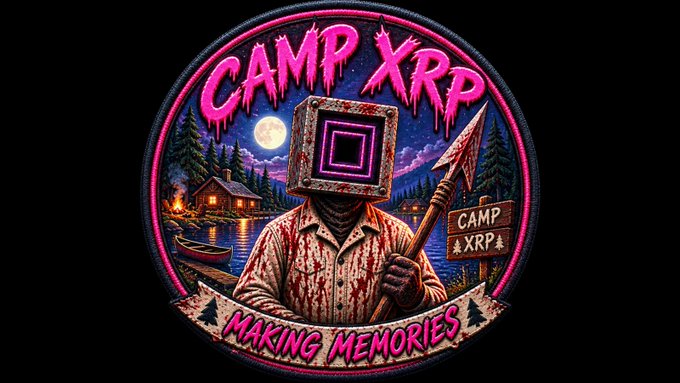 A horror-styled camp logo featuring a bloodied figure with a CRT monitor for a head holding a spear, set against a moonlit lakeside cabin scene, with text reading "CAMP XRP," "CAMP XRP," and "MAKING MEMORIES," promoting the $CAMP meme coin on pump.fun with contract address HkWWwzYX5N48tWrv3BanbgoHu3hcLP6HNidVow55pump.