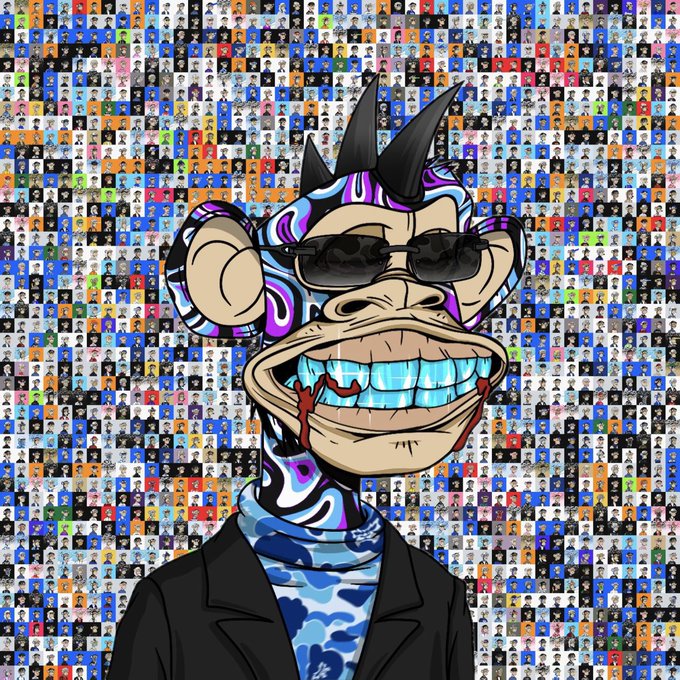 An illustration of a cartoon monkey character with purple and blue swirls, wearing black sunglasses and a black jacket, is superimposed over a background made up of hundreds of smaller monkey characters.