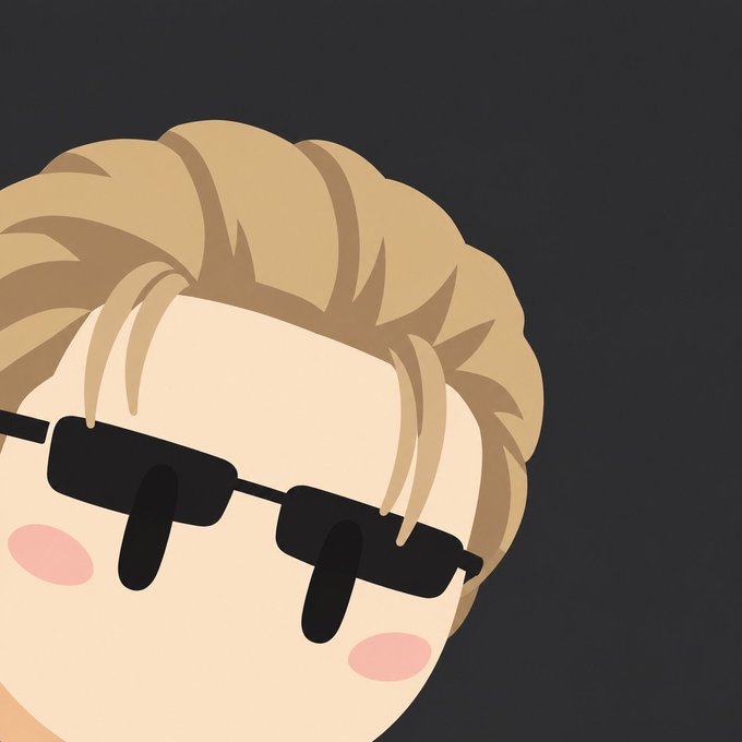 A cartoon-style illustration shows a blonde character with rosy cheeks wearing black rectangular sunglasses against a dark background.
