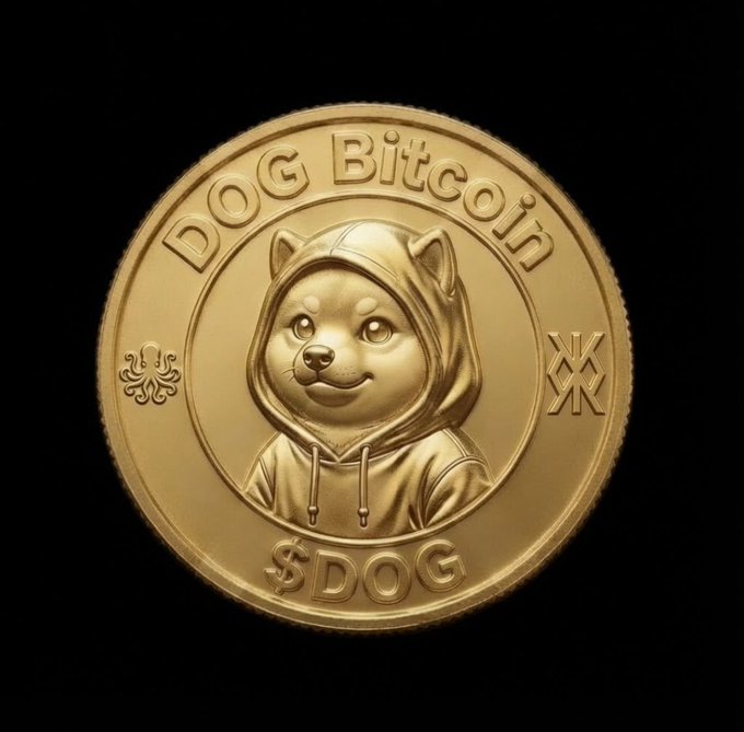 A gold commemorative coin labeled "DOG Bitcoin" and "$DOG" features a Shiba Inu dog wearing a hoodie in the center, set against a black background.