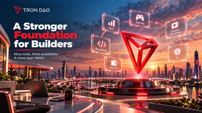 A promotional graphic for 'TRON DAO' featuring the tagline 'A Stronger Foundation for Builders. More tools. More possibilities. A more open Web3,' showcasing icons for DeFi, Gaming, Creator Economy, Developers, AI, and Payments against a futuristic cityscape.