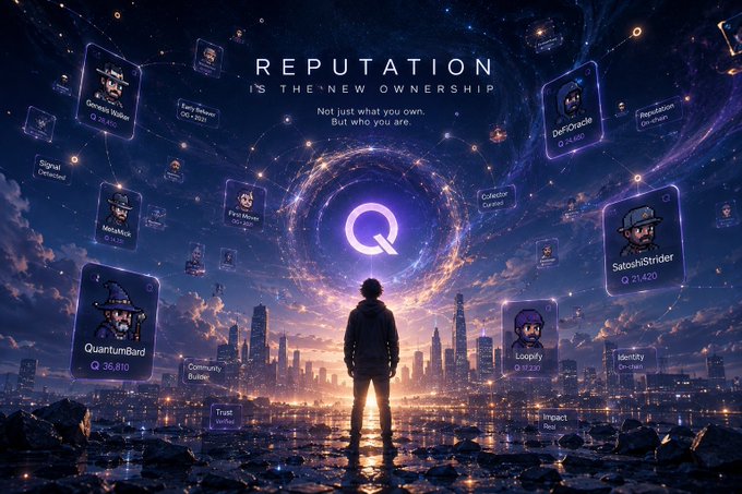 The image features a man standing in front of a city skyline, with a large purple circle containing various characters floating above him. The caption below the image reads "Reputation is the new currency", suggesting that reputation plays an increasingly important role in today's society. This concept can be related to the NFT system, where digital assets are bought and sold based on their perceived value or reputation within the art community.

The post also mentions a character named Quantum, which could potentially be a reference to the famous physicist Albert Einstein. The image is accompanied by several other characters floating in the air around the man, further emphasizing the idea of reputation being a valuable asset in today's interconnected world.