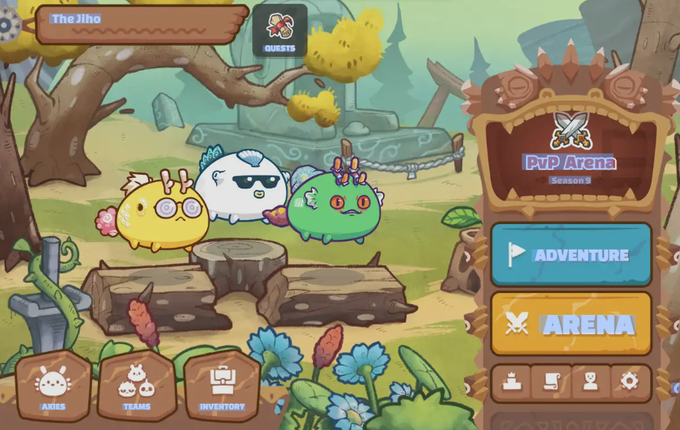 The image shows a cartoon game interface with three cartoon characters standing next to each other near a log cabin. The game appears to be called "Pvd Arena" as indicated by the title displayed at the top of the screen, which also includes the names of the different game modes and levels available in the game.