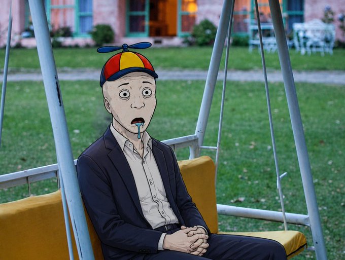 An animated figure wearing a propeller hat, a suit, and drooling sits on a swing in front of a lawn and house.