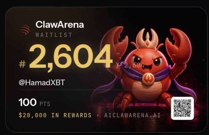 A promotional graphic for 'ClawArena' shows a waitlist rank of '#2,604' for '@HamadXBT' with '100 PTS' and '$20,000 IN REWARDS', featuring a 3D red crab mascot in a cape alongside a QR code for aICLAWARENA.AI.