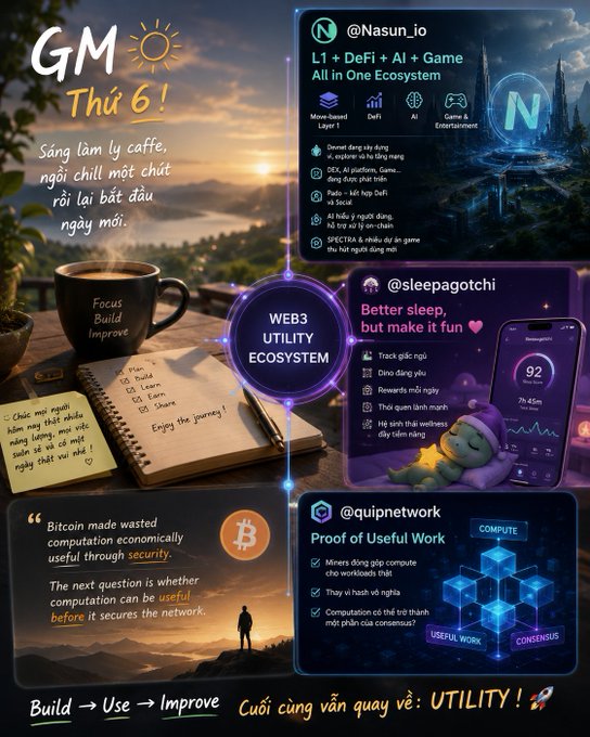 A Vietnamese-language Web3 ecosystem infographic highlighting @Nasun_io, @sleepagotchi, and @quipnetwork with the tagline 'Build → Use → Improve' and 'Cuối cùng vẫn quay về: UTILITY!'