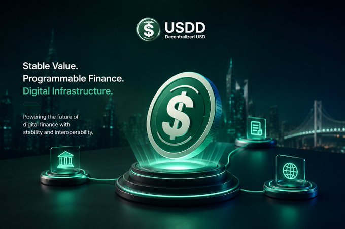 A promotional graphic for USDD (Decentralized USD) features a glowing coin with a dollar symbol on a circular platform, surrounded by icons representing banking, documentation, and a globe, set against a dark cityscape backdrop. The text reads "Stable Value. Programmable Finance. Digital Infrastructure." and "Powering the future of digital finance with stability and interoperability," visually reinforcing the post's message about USDD's role in bringing dollar-denominated value into blockchain ecosystems.