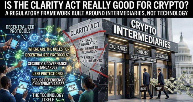 An editorial graphic titled 'IS THE CLARITY ACT REALLY GOOD FOR CRYPTO? A REGULATORY FRAMEWORK BUILT AROUND INTERMEDIARIES, NOT TECHNOLOGY,' contrasting decentralized protocols with crypto intermediaries like exchanges, brokers, and custodians.