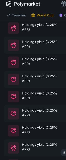 A mobile screenshot of the Polymarket app showing a Trending list with multiple 'Holdings yield (3.25% APR)' entries.