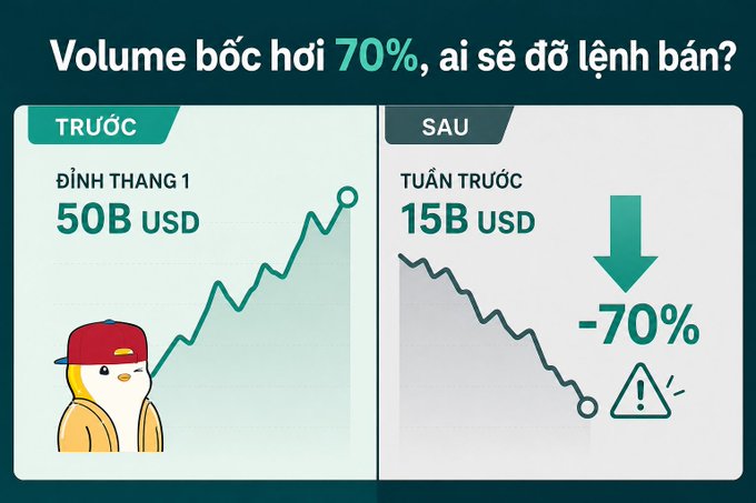 A Vietnamese-language financial graphic titled 'Volume bốc hơi 70%, ai sẽ đỡ lệnh bán?' compares a market peak of 'ĐỈNH THẠNG 1' at 50B USD to a 'TUẦN TRƯỚC' value of 15B USD, showing a downward arrow with -70% and an alert icon.