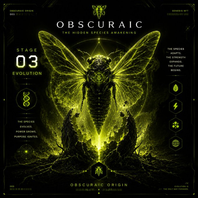 A glowing green cicada-like creature emerges from fractured earth, labeled "OBSCURAIC" with "STAGE 03 EVOLUTION" and "OBSCURAIC ORIGIN 003" text, visually representing the evolution phase of the OBSEvolution NFT project mentioned in the accompanying mint details and supply announcement.