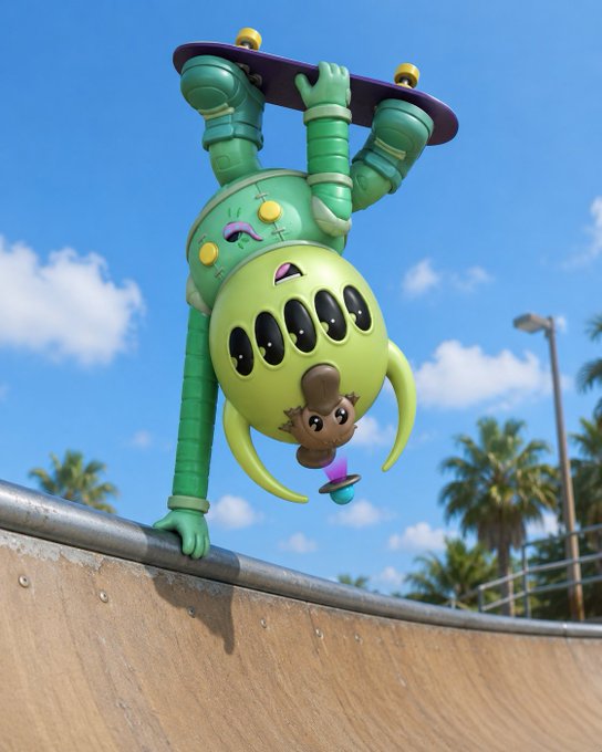 A whimsical statue of a green alien-like creature hanging upside down from a skateboard on the edge of a skate ramp, set against a blue sky with palm trees.