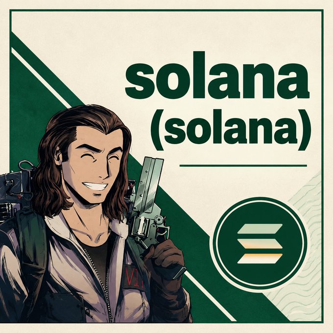 A stylized illustration of a smiling man with long dark hair holding a futuristic weapon, alongside the text "solana (solana)" and the Solana cryptocurrency logo.