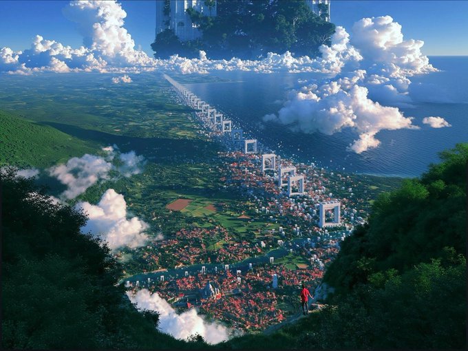 A small figure stands on a grassy hillside gazing out at a sprawling landscape where a city stretches into the distance, connected by a series of glowing square portals leading toward a massive floating structure in the sky. The futuristic scene visually echoes the post's theme of progressive infrastructure, mirroring Quip Network's forward-thinking approach to building quantum-resistant security upgrades before problems arise, rather than reactively addressing them after the fact.
