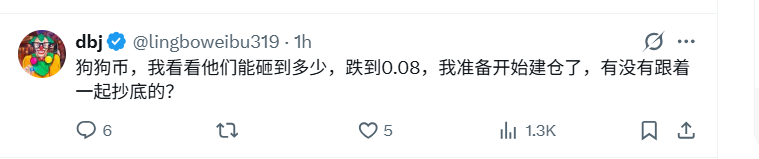 A tweet from user 'dbj' (@lingboweibu319) in Chinese stating '狗狗币，我看看他们能砸到多少，跌破0.08，我准备开始建仓了，有没有跟着一起抄底的？' (Dogecoin, let me see how low they can push it, if it breaks below 0.08, I'm ready to start building a position, anyone following to bottom-fish together?), showing 1.3K views.