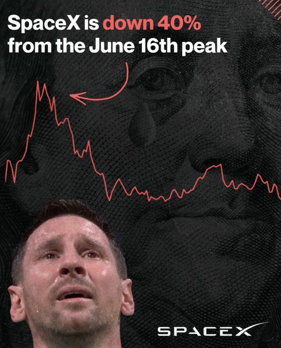 The image shows a distressed-looking man in the foreground with a SpaceX logo and a downward-trending red stock chart in the background, with text reading "SpaceX is down 40% from the June 16th peak."

The graphic illustrates the post's message about fading the market versus time—specifically highlighting SpaceX's significant 40% decline from its June peak as a cautionary example that hype and sentiment can fade, while time in the market remains the more reliable strategy regardless of short-term price action.