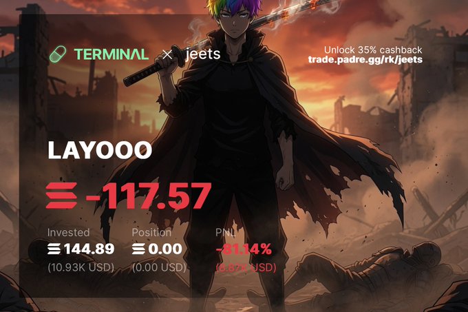 An anime-style promotional image for 'TERMINAL x jeets' showing a swordsman character with rainbow hair, displaying trading stats for LAYOOO with a -81.14% PnL (-117.57) and offering 35% cashback at trade.padre.gg/rk/jeets.