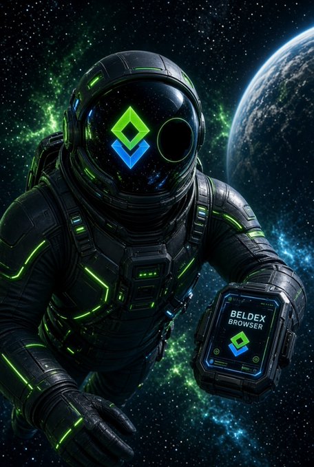 An astronaut in a black and green space suit floats against a cosmic backdrop, with the Beldex logo (green and blue diamonds) illuminated on their helmet visor and a smartwatch displaying "BELDEX BROWSER" alongside the same logo. The futuristic image visually reinforces the post's theme of Beldex's expanding privacy-focused ecosystem, symbolizing exploration and forward momentum into private digital experiences.