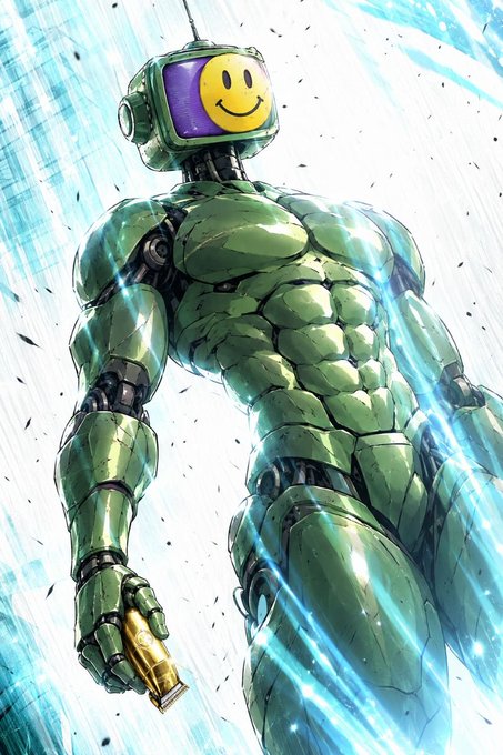 An anime-style illustration of a muscular green mech/robot with a TV monitor for a head displaying a yellow smiley face, holding a golden gun.