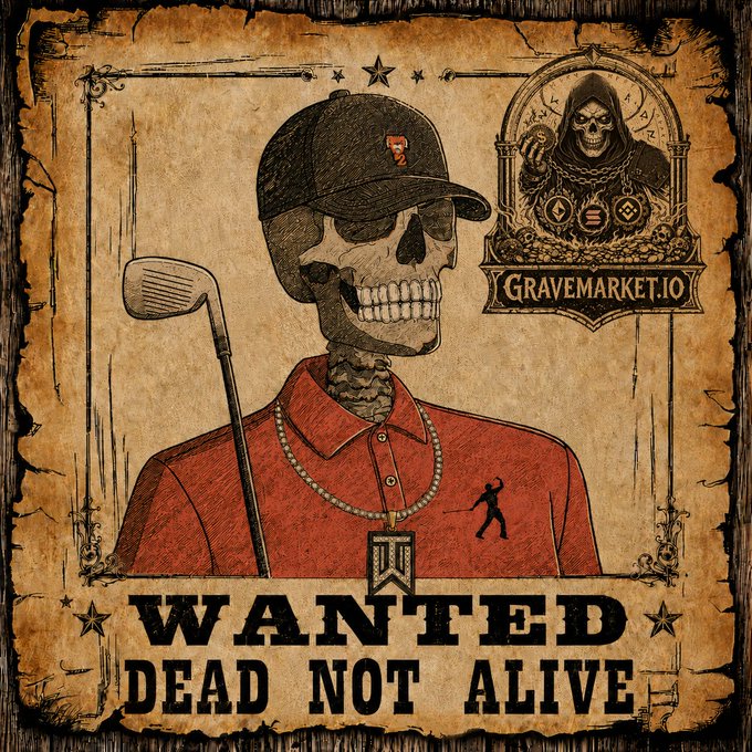 A vintage-style 'Wanted Dead Not Alive' poster featuring a skull character wearing a red polo shirt, cap, and chains, holding a golf club, with a 'Gravemarket.io' logo and grim reaper emblem in the top right corner.