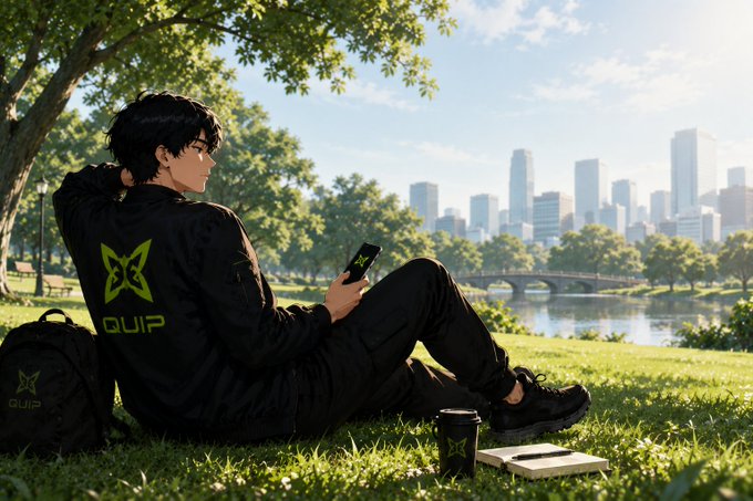 A young man wearing a black "QUIP" branded hoodie and matching backpack sits on the grass in a sunny park with a city skyline in the background, looking at his phone. Beside him rests a QUIP-branded coffee cup and notebook, visually reinforcing the post's message about consistent dedication to Quip Network's compute clearinghouse despite daily fatigue.