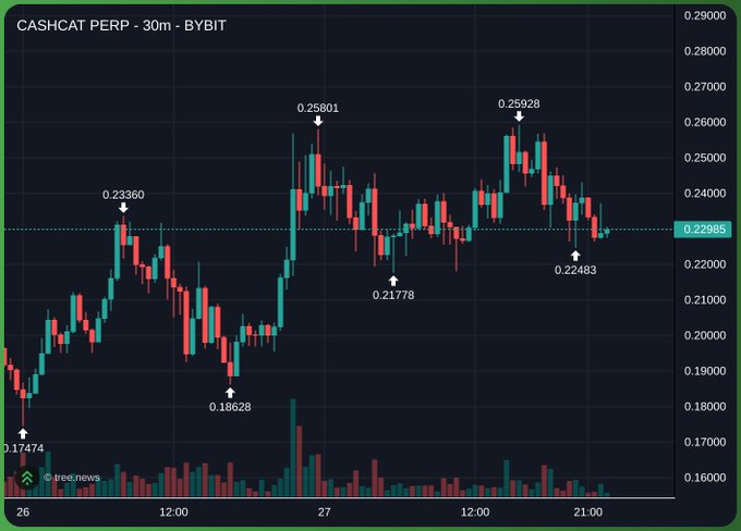 A candlestick chart titled "CASHCAT PERP - 30m - BYBIT" shows price action ranging from a low of 0.17474 to highs around 0.25928, currently trading at 0.22985. The chart illustrates the price volatility of $CASHCAT, complementing the bullish narrative about its holder growth from 76,000 to 90,000 in just three days, highlighting the increasing attention and liquidity flowing into the token on Robinhood Chain.