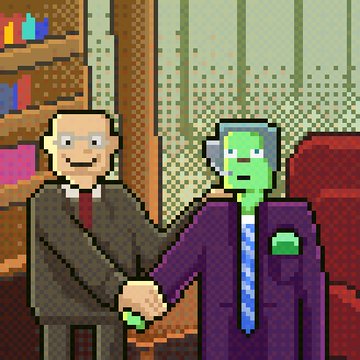 A pixel art image showing two men in suits shaking hands; one has normal human features while the other has a green face with three eyes.