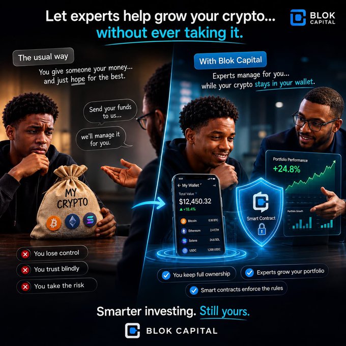 A promotional graphic for Blok Capital titled 'Let experts help grow your crypto... without ever taking it,' contrasting traditional crypto management (losing control) with their service that uses smart contracts to maintain ownership while experts grow the portfolio by 24.8%.