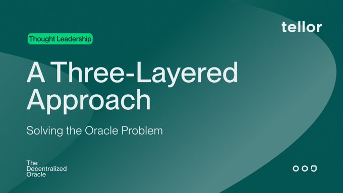 A cover image branded with "tellor" titled "A Three-Layered Approach: Solving the Oracle Problem," tagged as "Thought Leadership" and "The Decentralized Oracle," visually introducing the post's framework for breaking down the oracle problem into integrity, infrastructure, and integration layers.