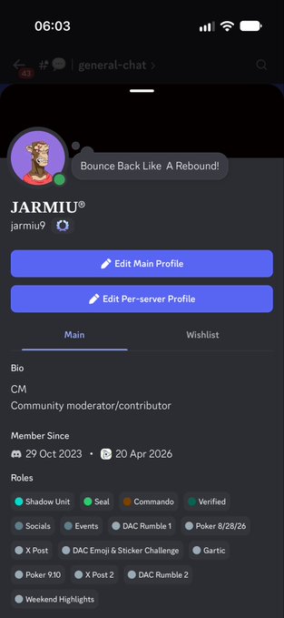 A Discord user profile screenshot for 'JARMIU®' (jarmiu9) displaying the bio 'CM Community moderator/contributor', member since dates, and various role tags including Shadow Unit, Seal, Comando, Verified, Socials, Events, Poker 9:10, and Weekend Highlights.